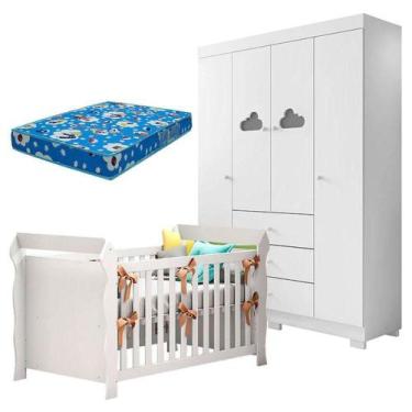 Imagem de Berço Americano Lara E Guarda Roupa Infantil Ane Branco Brilho Com Col