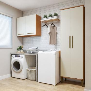 Imagem de Lavanderia Modulada 1 Armário Multiuso e Armário Aéreo São Gonçalo Marrom/Off White