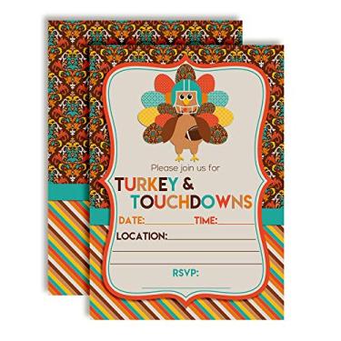 Imagem de Convites para festa de Ação de Graças Turkey & Touchdowns, pacote com 16 cartões de preenchimento de 13 x 17 cm com 16 envelopes brancos cartões de convite e decorações de festa de agradecimento por