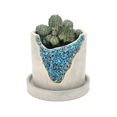 Imagem de Vaso de planta de cristal de 10 cm com pires - Vaso de geodo de cimento - Vasos de concreto para plantas - Vaso de suculentas moderno para ambientes internos - Suporte de planta aérea exclusivo - Suporte de vela - Decoração de casa de plantas pequenas (apatita azul)