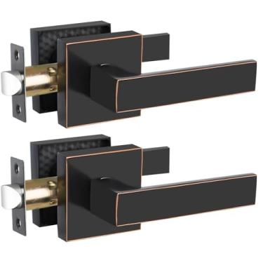 Imagem de RAZCC Alavancas de porta de passagem, maçanetas de bronze polido a óleo para corredor e armário, alavancas de porta internas resistentes sem trava, maçanetas quadradas sem chave para porta do lado