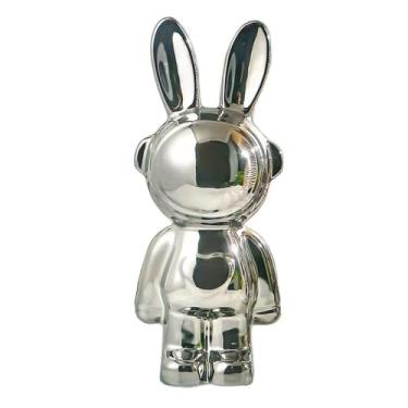 Imagem de Jaugufiy Ornamento de estátua de coelho de cerâmica, estatueta de coelho, enfeite de casa, cofrinho, cofre, caixa de dinheiro, decoração de quarto de crianças, presentes de aniversário (prata)