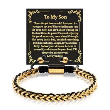 Imagem de WP WEPICK Presentes para homens, pulseiras banhadas a ouro 18 quilates para homens, pai, filho, marido, namorado, corrente de elos francos, pulseira de contas ajustáveis de aço inoxidável, aniversário