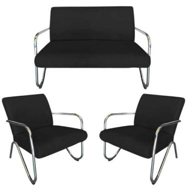 Imagem de Kit Namoradeira + 2 Poltronas Decorativa Bela Suede Preto Braço Cromad