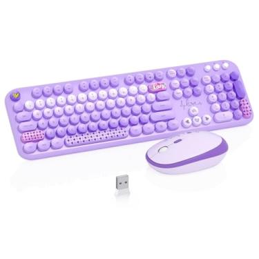 Imagem de Combo de teclado e mouse sem fio, 104 teclas, lindo teclado colorido e mouse com máquina de escrever retrô para PC/Mac/Laptop/Tablet/Computador/Windows Microsoft, roxo