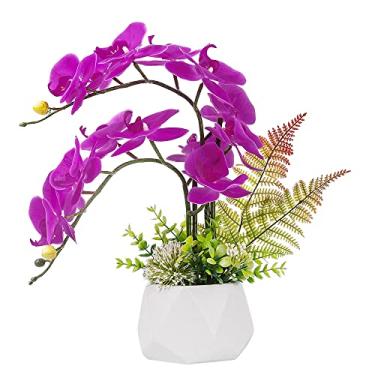 Imagem de LESING Flor de orquídea artificial em vaso para centros de mesa, flores falsas de orquídea de toque real em vaso para decoração de casa (estilo 1, vaso branco)