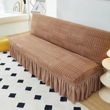 Imagem de Capa de futon sem braços com saia de babados, sofá-cama futon altamente elástica(Brown,Large (190-210cm))