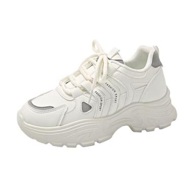 Imagem de Boaobaihuo Tênis feminino moderno de couro com cadarço grosso, plataforma casual, bico redondo, antiderrapante para caminhada, treino, condução, Branco, 34