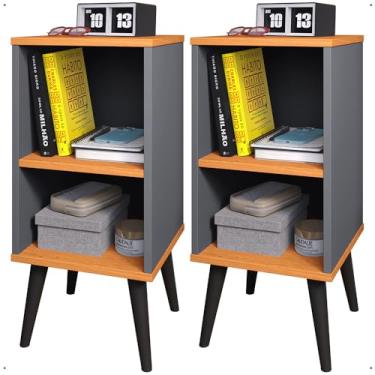 Imagem de Kit 2 Mesinha de Cabeceira Retrô Cama Box Charme com Prateleira (Cinza/Cinamomo)