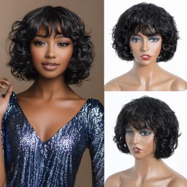 Imagem de JOEDIR HAIR Peruca Curta, Cacheada, Ondulada, Com Franja, Corte Pixie, Cabelo Humano Para Mulheres, Peruca Curta, Cacheada, Com Franja, Sem Cola, Densidade 150% (Preta)