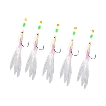 Imagem de rockible 5 peças plataformas de pesca, iscas de pesca iscas de penas, profissionais, ganchos multi com contas luminosas para bacalhau de água salgada pollock, Branco