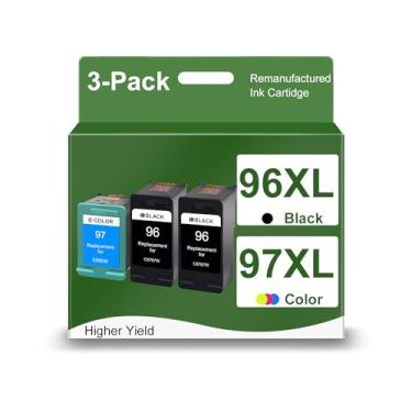 Imagem de Cartuchos de tinta 96 e 97 pretos e coloridos (pacote com 3) substituições para HP 96XL 97XL funciona com impressoras Deskjet 6940 6988 6980 Officejet 7310 7210 PhotoSmart 2610 (2 pretas, 1 cor)