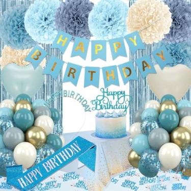 Imagem de Conjunto de decorações de aniversário, decoração de festa com tema boho azul com balões, bandeira, pompons, fundo de cortina de franja, coroa de aniversário, alça de ombro para meninas e mulheres