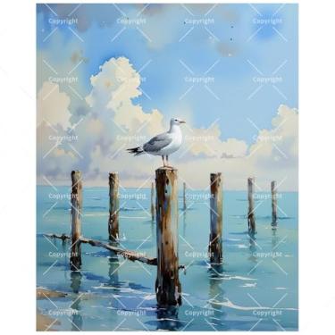 Imagem de Kit de pintura de vida selvagem costeira por números para adultos - DIY Gaivota no cais do oceano, pintura em tela, 40,6 x 50,8 cm, conjunto de tinta acrílica, adequado para iniciantes, arte para