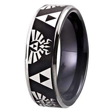 Imagem de 6 mm/8 mm de largura preto com prata/azul/ouro rosa - anel com padrão laser com crista e anel triforce anel de tungstênio anel masculino alianças de casamento anel sem anel gravação personalizada,
