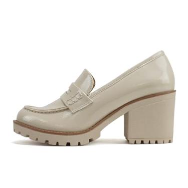 Imagem de Soda "Kinder" ~ Mocassim feminino sem cadarço com salto médio e sola, Patente óssea, 35