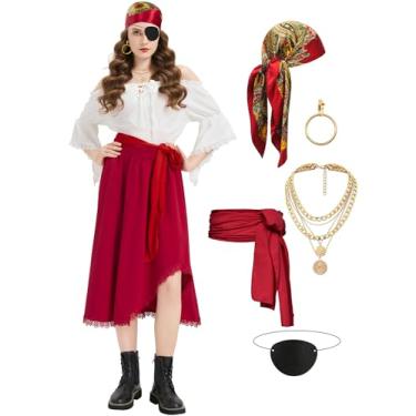 Imagem de Drachompa Fantasia de pirata feminina com saia renascentista conjunto completo de fantasia de pirata para Halloween com conjunto de acessórios, Vermelho, XXG
