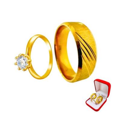 Imagem de Aliança Banhada Ouro 18k Riscos 6mm Compromisso + Anel Solitario 2mm D