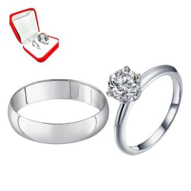 Imagem de Aliança 8mm Grande Prata + Anel 2mm Prata Solitario Pedra Branca Compr