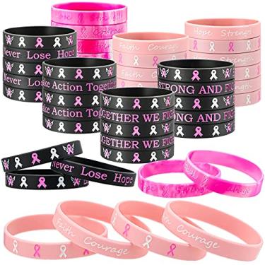 Imagem de Breast Cancer Awareness Bracelets Silicone Pink Ribbon Wristband, Hope Faith Strength Courage Inspiring Support Wristband (60 Pieces)