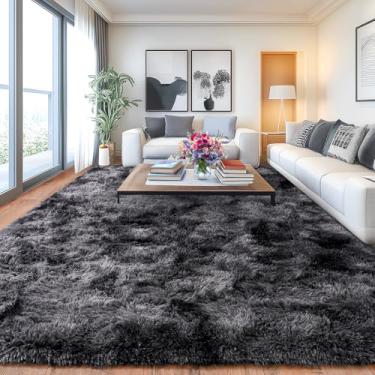 Imagem de Tapete fofo para sala de estar, tapete peludo para adolescentes, tapete felpudo para quarto de bebê, preto e cinza felpudo para dormitório de 1,8 x 2,5 m