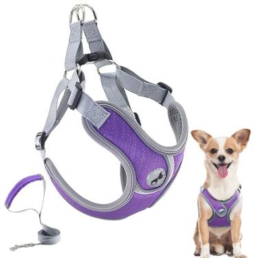Imagem de Peitoral para cães com conjunto de trela, sem puxão, ajustável, coleiras com colete acolchoado respirável para treinamento e corrida de cães pequenos (P, roxo)