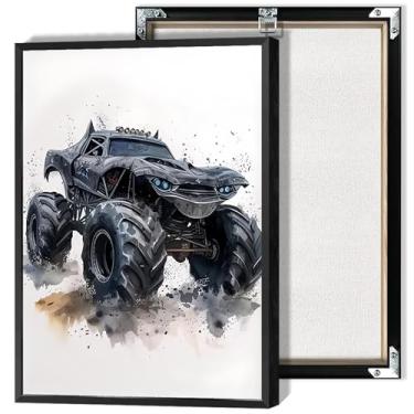 Imagem de Pôster de caminhão monstro em aquarela arte de parede em tela de veículo off-road vintage gamer imagens de corrida de carros pintura estética para meninos quarto sala de estar garagem decoração de
