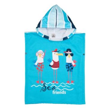Imagem de Roupão Poncho Toalha Praia Piscina Infantil C/Capuz Natação (Gaivota Azul M133, Único (4 á 12 anos))