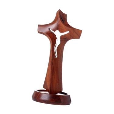 Imagem de Baoblaze Coleção de estátuas de crucifixo em madeira, ornamento decorativo para mesa, presente religioso para prateleira, decoração de casa e ação de graças, 7.4 Cm X 15.2 Cm X