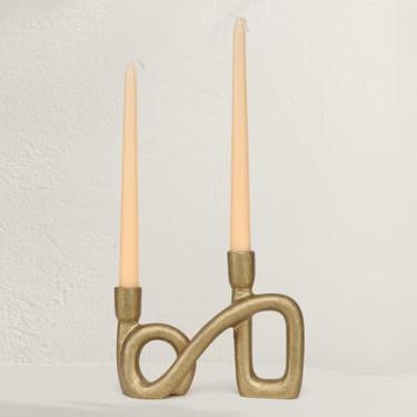 Imagem de Castiçal duplo de ferro fundido dourado, suporte de castiçal abstrato moderno, centro de mesa elegante para casa, quarto, casamento, sala de jantar e decoração de festa