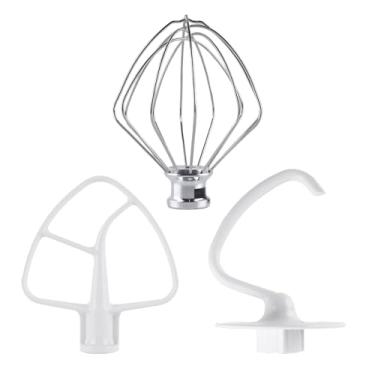 Imagem de Kit de acessórios de 3 peças para batedeira de cabeça inclinada KitchenAid, acessórios de aço inoxidável K45WW chicote de arame, gancho de massa K45DH e pá de lâmina plana revestida K45B com raspador