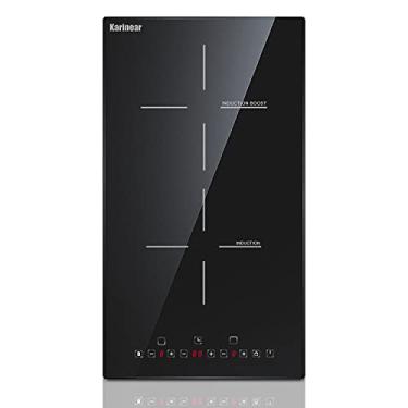 Imagem de Karinear Fogão de indução de 30,5 cm, fogão elétrico de 2 queimadores, fogão de indução, vidro cerâmico com booster, trava infantil, temporizador, função de pausa, 220-240V, 3500W, fio rígido (sem