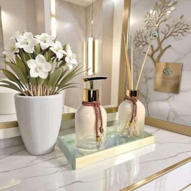 Imagem de Kit Banheiro Luxo Difusor Sabonete Liquido Completo Branco Com Bandeja