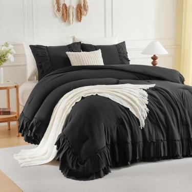 Imagem de Herside Conjunto de edredom com babados pretos, tamanho Queen, chique, boêmio, macio, macio para todas as estações, conjunto de edredom leve de microfibra vintage com babados, 3 peças, para mulheres e