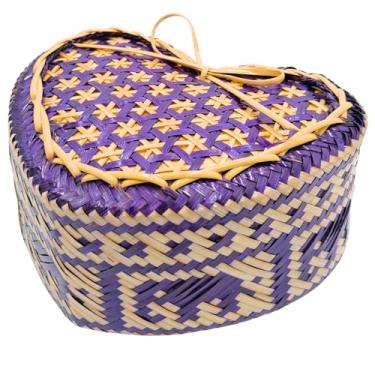 Imagem de Cesta de servir arroz pegajoso de bambu 15 x 13 cm, Kratip, recipiente intrincadamente tecido, em forma de coração, padrão de trama de elefante, azul, tailândia feito à mão (roxo B)