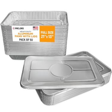 Imagem de Paclord Panelas de alumínio com tampas - 53 x 33 cm com tampas, pacote com 50 panelas e 50 tampas, bandejas de alumínio descartáveis feitas nos EUA para prateleiras de atrito - ótimas para cozinhar