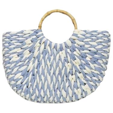 Imagem de Bolsa de mão tecida à mão com alça de bambu meia lua, padrão de tecido azul e branco, bolsa de praia de verão, forma crescente