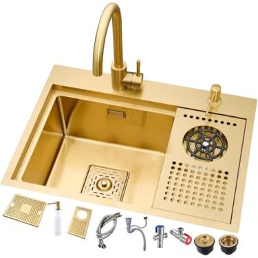 Imagem de Pia de bar com lavadora de copos dourada pequena pia de canto de café pia única com tampa pia de RV pia escondida (56 x 38 cm)