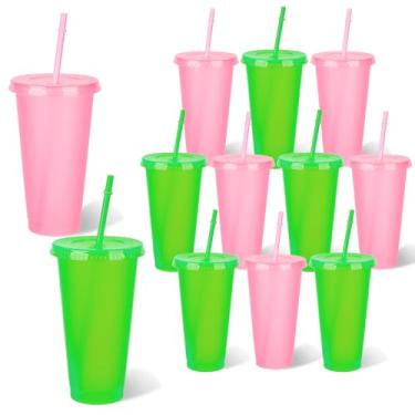 Imagem de 12 peças copo rosa e verde lembrancinhas de festa copo com tampas e canudos, coroa e chapéu de bruxa para fãs de filmes, presentes, acessórios, caneca de viagem de plástico para aniversário