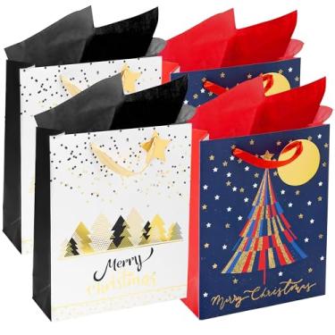 Imagem de RACHELLE'S Sacos de presente de Natal – Médio 33 x 25 x 10 cm (pacote com 4) – Sacos de papel resistentes para presente com papel de seda, etiqueta e alça – Design de árvores de Natal – Perfeito para