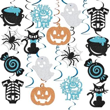 Imagem de Hzbcxs 36 peças A Little Boo is Almost Due Hanging Swirls - Decorações engraçadas e assustadoras de chá de bebê - A Little Boo is Almost Due Baby Shower Boy Decorações preto e azul