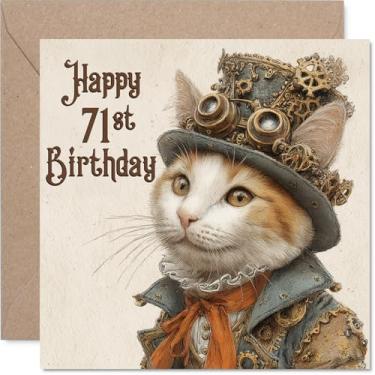 Imagem de Cartões de aniversário de 71 anos para homens e mulheres - Steam Punk Cat - Cartão de feliz aniversário para homem de 71 anos mulher tio babá irmã prima, cartões comemorativos de aniversário de 14 cm