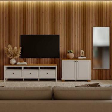 Imagem de Conjunto de Sala 3 Peças com 1 Rack, 1 Armário e 1 Espelho Ananda Cabecasa Madeiramadeira Off White/Mel