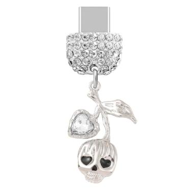 Imagem de ELISE & FONDA TP914 Tipo-C porta de carregamento cristal antipoeira plugue pequeno caveira de Halloween com corações amorosos pingente de celular para iPhone 15/16/Samsung/OnePlus/Xiaomi/oppo