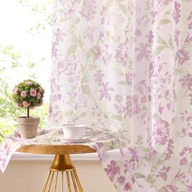 Imagem de Cortinas translúcidas florais roxas de 182 cm de comprimento, 2 painéis para filtragem de luz de quarto, cortinas de janela vintage românticas com padrão de flor lilás para sala de estar, cortinas de