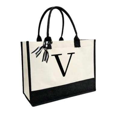 Imagem de XIGGA Sacola de lona com letras, adequada como presente personalizado para mulheres, lembrança de casamento, presente de dia das mães - pequena, Branco - V, Small