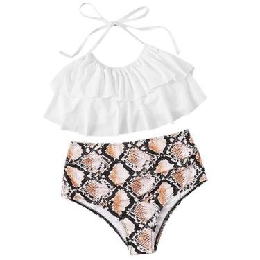 Imagem de Maiô feminino moda biquíni dividido sexy cintura alta impressão babado