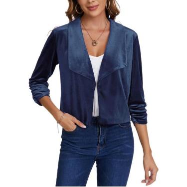 Imagem de Blazer feminino MINTLIMIT de veludo, manga 3/4, azul de escritório, ta