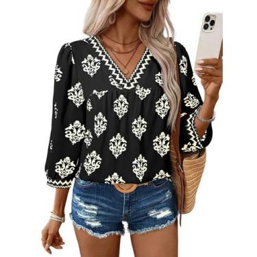 Imagem de Blusa feminina casual SHEWIN com decote em V com estampa floral, chiff