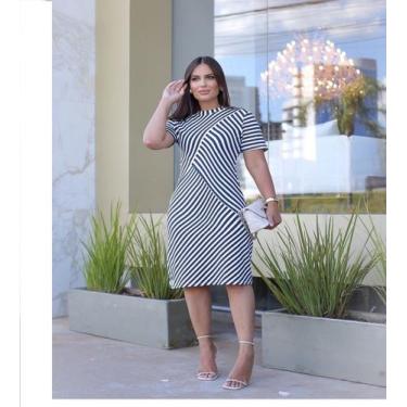 Imagem de Vestido Listrado Midi Feminino C/ Lycra Azul Marinho - Dukabella